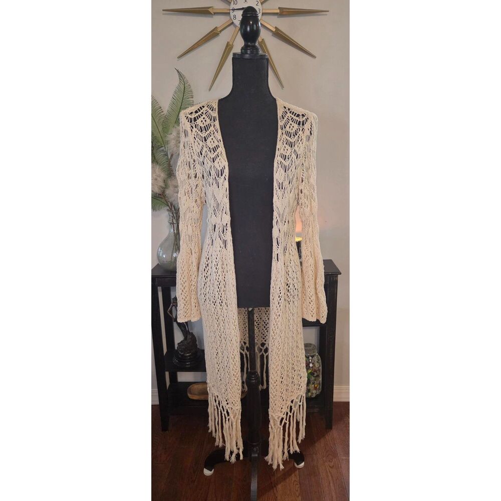 Cream Crochet Knit Boho Duster with Fringe – Size Small
